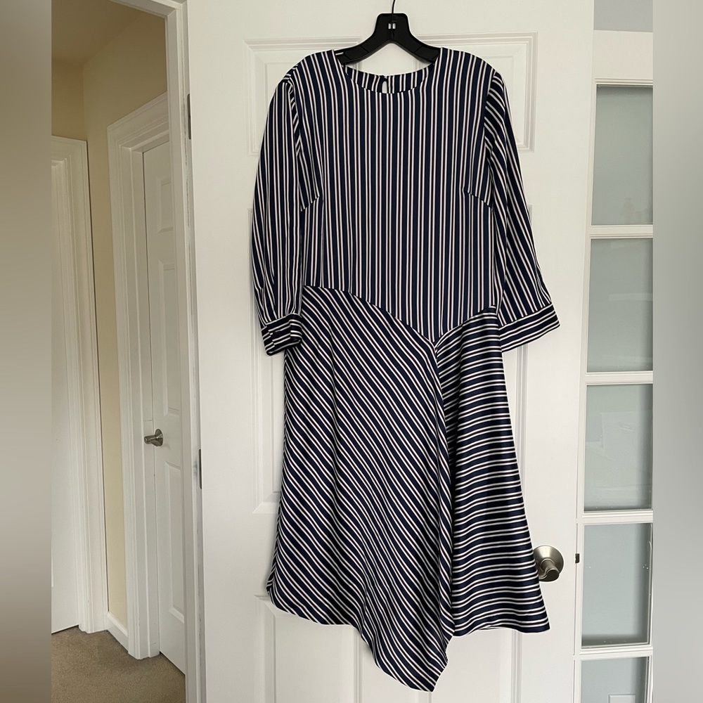 Banana Republic Blue, White, and Purple Striped Asymmetrical Dress